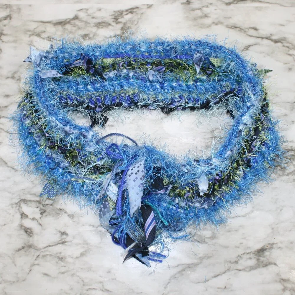 HAND CRAFTED Scarf Upcycled Crochet Infinity Oversized Fuzzy Necktie Blue Stripe